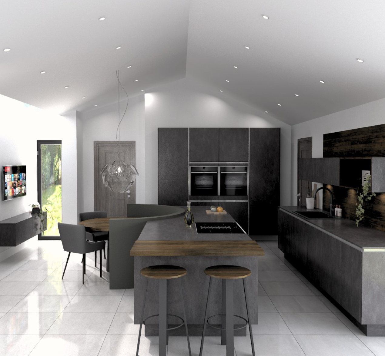 A dark industrial style kitchen with natural tones and textures